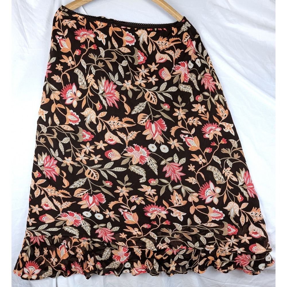 JM Collection Petite Floral Ruffle Midi Skirt Brown Coral Boho 10P